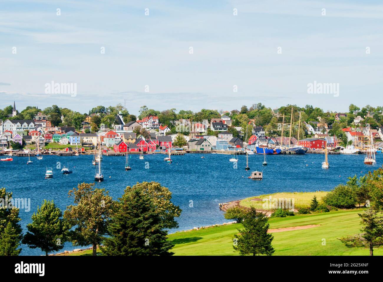 Lunenburg Nova Scotia Canada seen from a park across the harbor Stock Photo