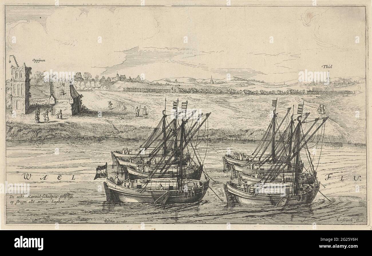 Ships traveling from Leiden to Grave, 1622; Journey of the Leiden Schutterij to Grave, 1622. The eight ships in which the militia schedule made the trip to Grave lyrics for anchor in the Waal, 26 September 1622. Part of a series of 3 prints of the Schutterij journey of Leiden to Grave to keep the city occupied so that Maurits can pull up to Bergen on Zoom. Without the verses under the plate. Stock Photo