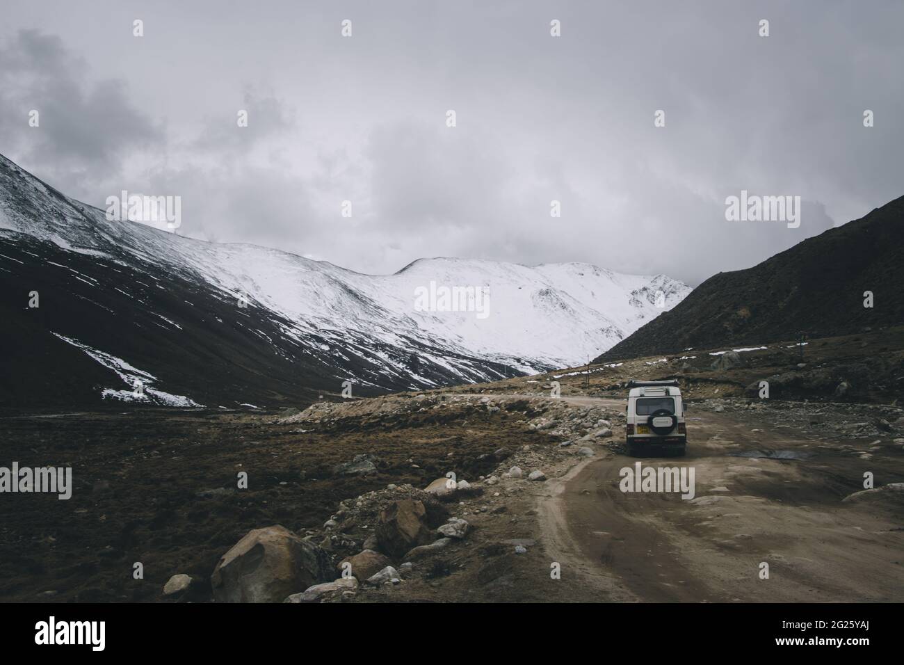 Returning hotel from gurudongmar lake , and the roads are very bad Stock Photo