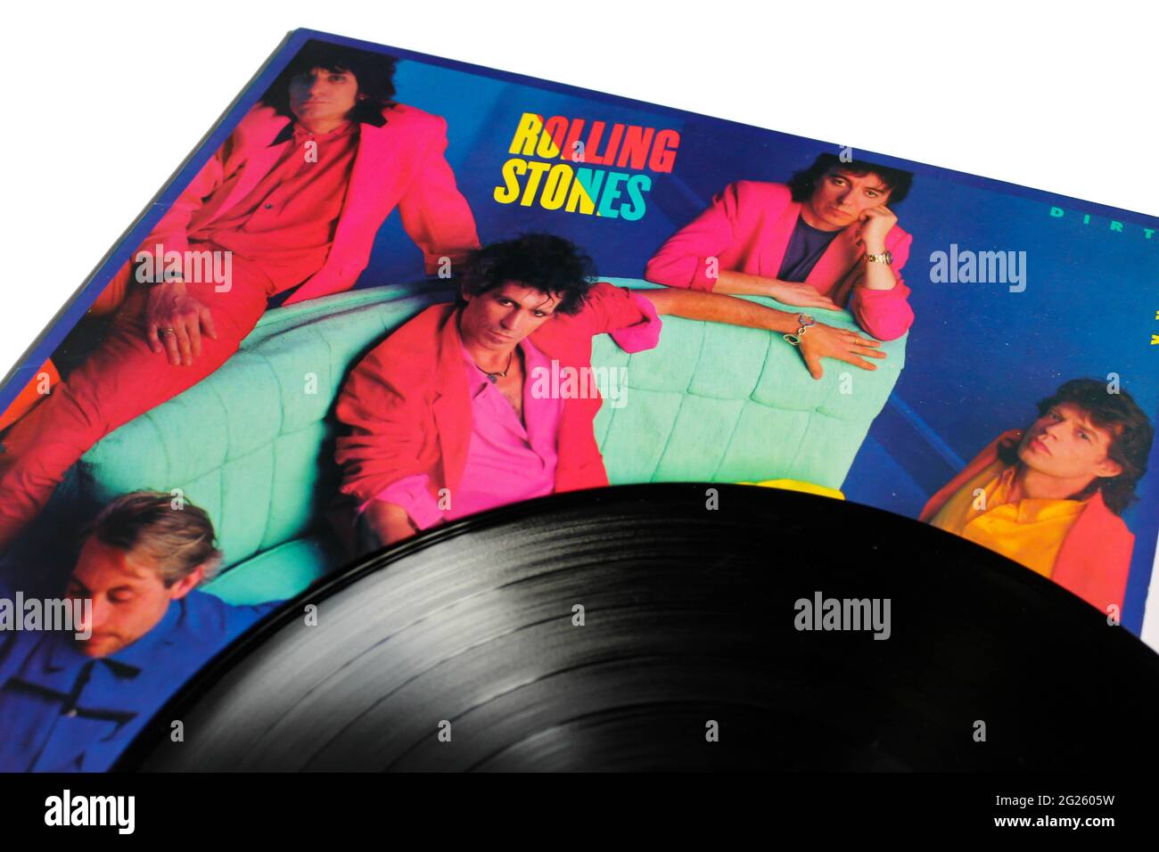 English rock band, The Rolling Stones music album on vinyl record LP disc. Titled: Dirty Work album cover Stock Photo