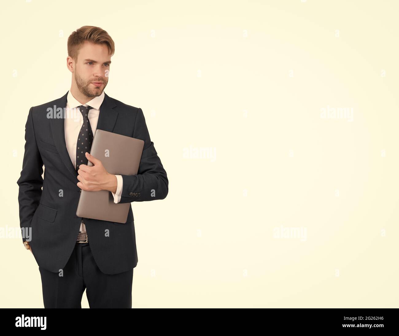 Electronic commerce. Salesman hold laptop. E-commerce business. E-shop. E-business. Internet marketing. Online retailer. Buying and selling. E Stock Photo