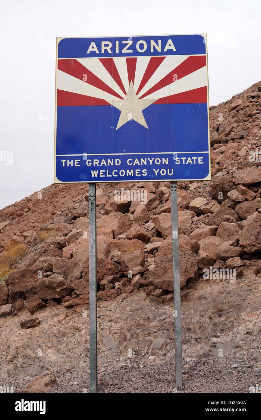 A Welcome to Arizona  sign at Hoover Dam, Sunday, March 7, 2021, near Boulder City, Nev. Stock Photo