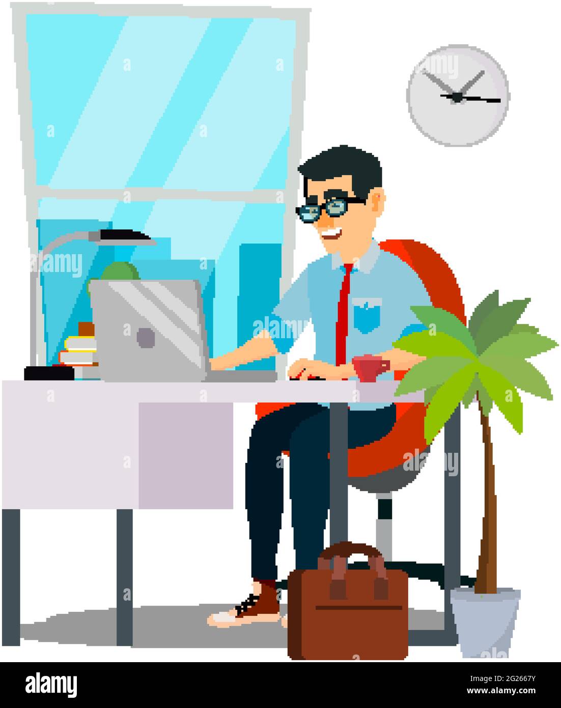 asian man researching market on computer cartoon vector Stock Vector