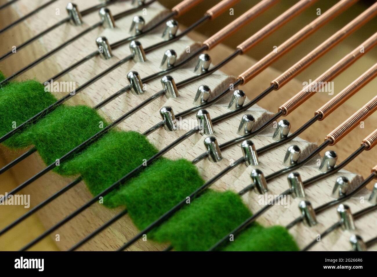 Strings and tuning pegs with felt from a grand piano Stock Photo