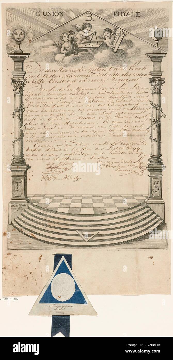 https://c8.alamy.com/comp/2G268HR/diploma-of-the-freemase-loge-lunion-royale-in-the-hague-lunion-royale-handwritten-diploma-of-the-freemason-loge-lunion-royale-in-the-hague-an-increase-with-pillars-on-either-side-where-the-sun-and-the-moon-are-depicted-attributes-of-the-freemasonry-are-attributable-to-the-pillars-on-the-stairs-lies-a-shopping-hook-completely-at-the-top-of-three-putti-with-passer-and-other-measuring-instruments-a-ribbon-is-a-seal-with-the-order-arm-provided-with-the-motto-silentio-et-fide-in-silence-and-faithfulness-attached-to-the-diploma-2G268HR.jpg