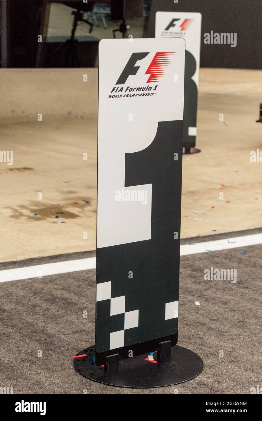 Formula 1, first place sign standing on the Silverstone racetrack.  Taken at the British GP, 2017 at Silverstone. Stock Photo