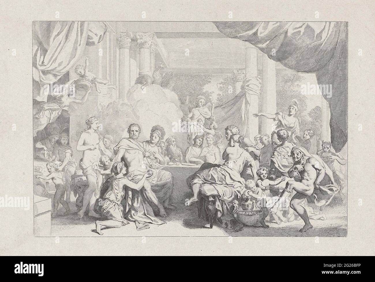 Wedding of Peleus and Thetis. On the wedding of Peleus and Thetis most guests are at the large table and do other things around. While Momus Danst offers Mercury Jupiter, who is next to Juno, an apple. In the background you can see a cloud with the two peacocks of Juno. Stock Photo