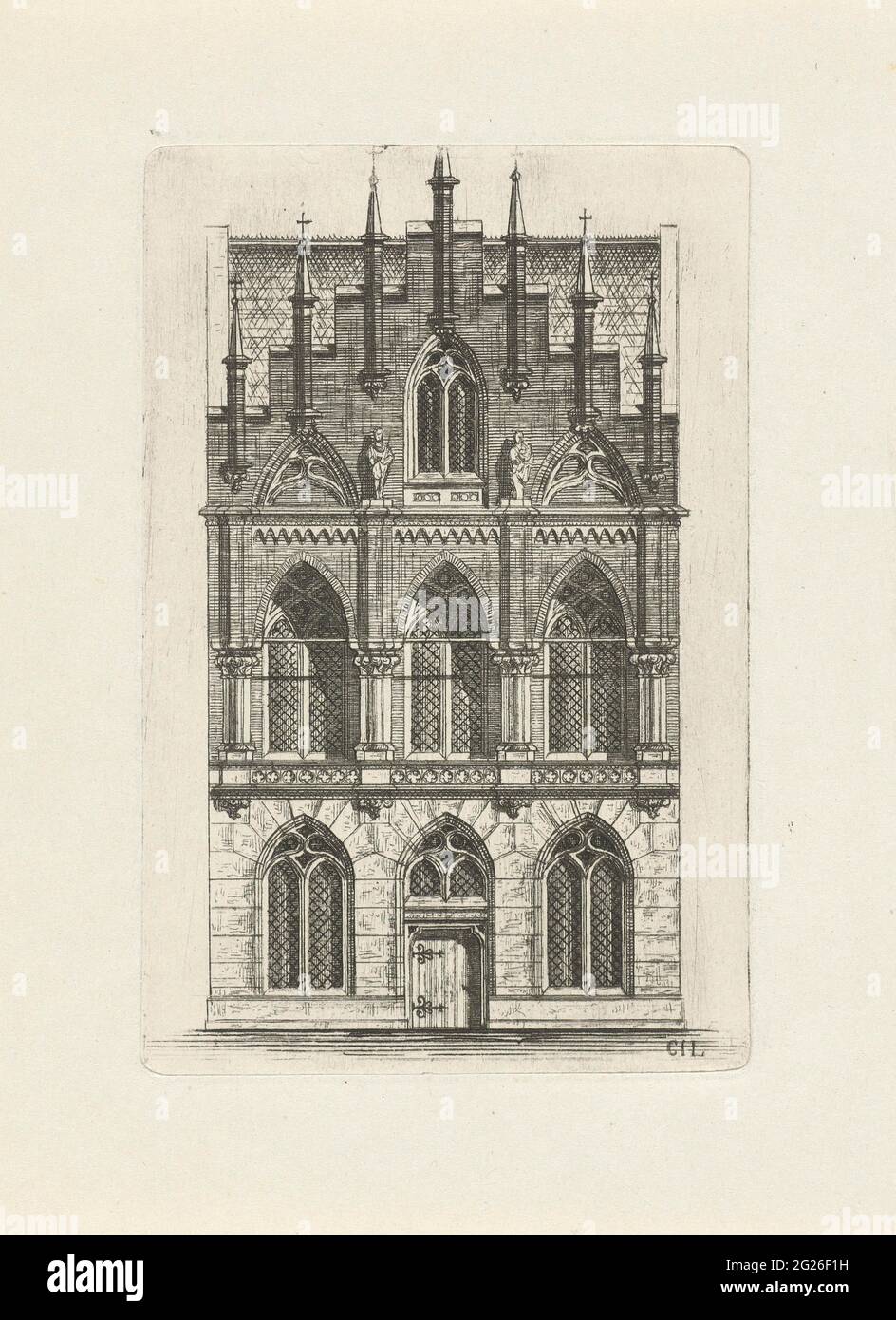 Gothic facade with seven pinnacles, Front view of a gothic