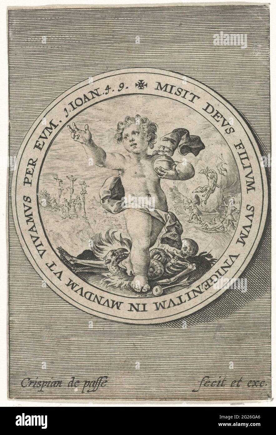 Putto as a salvator mundi; Putti that depict God's Word; Verbum dei. Medallion with putto as a Salvator Mundi who travels a devil and death. In the background the crucifixion and resurrection of Christ. The print has a frame with a bible quote from Joh. 4: 9 in Latin. Stock Photo