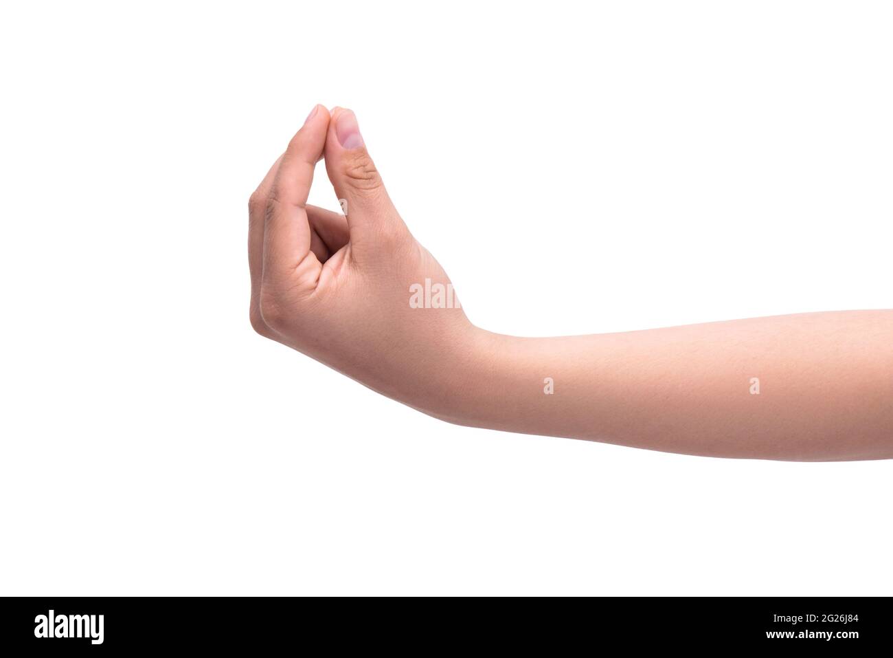 Finger gesture of one person means little, pinch. Isolated on white