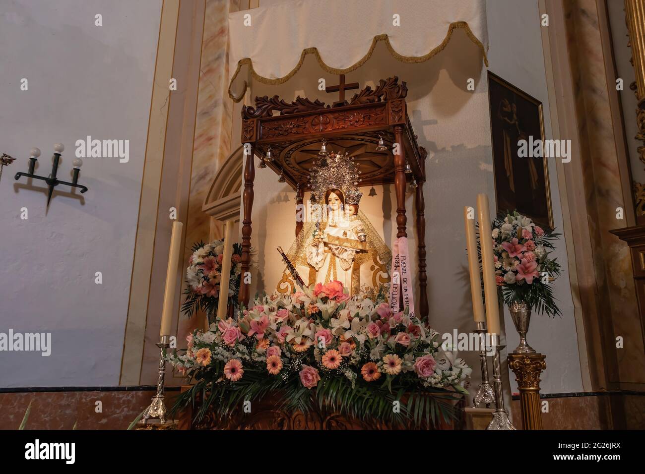 Cazorla, Jaen, Spain - May 18 , 2021:  Image of La Virgen de la Cabeza, patron saint of the city of Cazorla, inside the Parroquia de Santa Maria (Chur Stock Photo