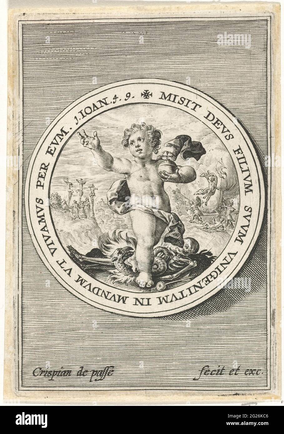 Putto as a salvator mundi; Putti that depict God's Word; Verbum dei.  Medallion with putto as a Salvator Mundi who travels a devil and death. In  the background the crucifixion and resurrection