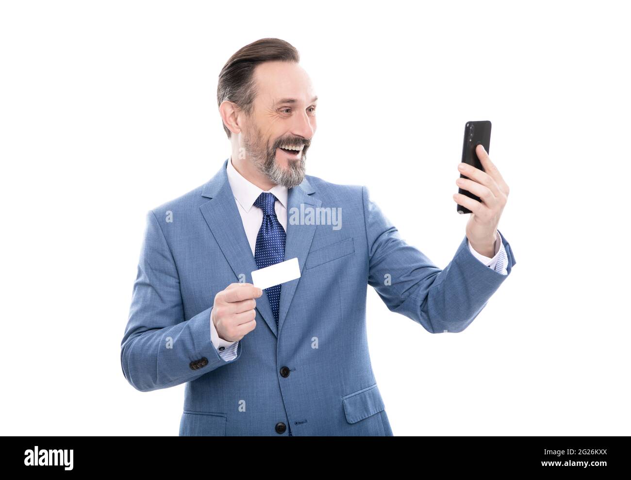 fast payment. making selfie. customer use online money on mobile phone. Stock Photo