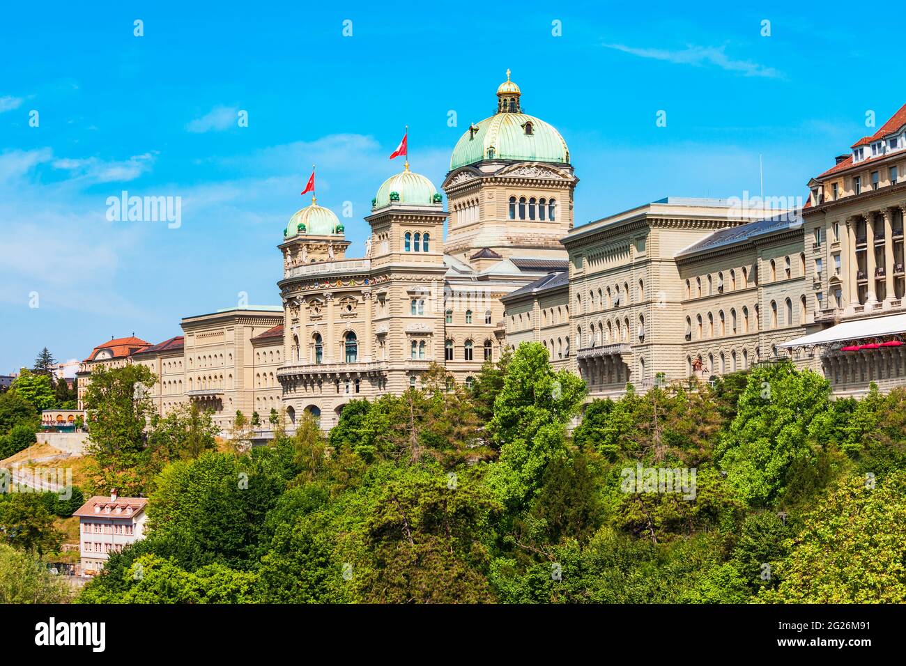 The Federal Palace or Bundeshaus is the building housing the Swiss Federal Assembly and Council in Bern city in Switzerland Stock Photo