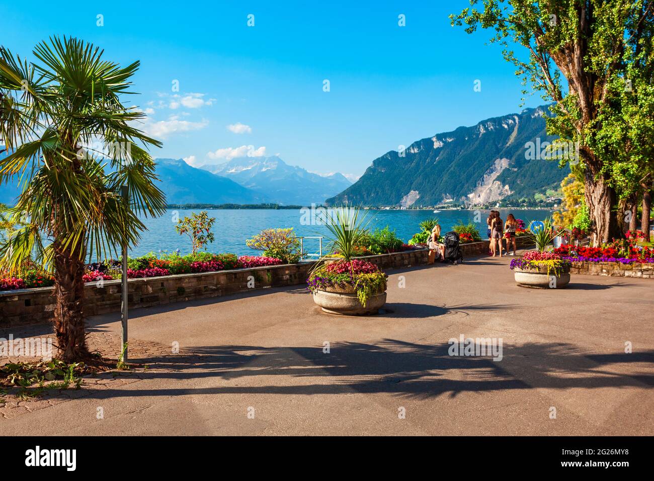 Montreux is a town on the shoreline of Lake Geneva at the foot of the Alps in Switzerland Stock Photo