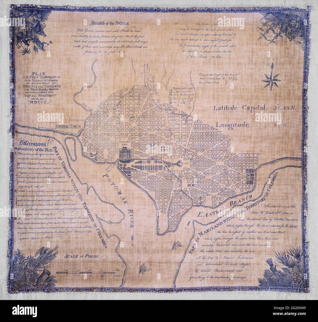 Original title: 'Plan of the city of Washington in the territory of Columbia : ceded by the states of Virginia and Maryland to the United States of America and by them established as the seat of their government after the year MDCCC.' This is an enhanced, reintroduction of an historical cloth map showing the formation of the District of Columbia. Includes extensive historical notes. Surveyor: Andrew Ellicott. Dated as 1792. Stock Photo