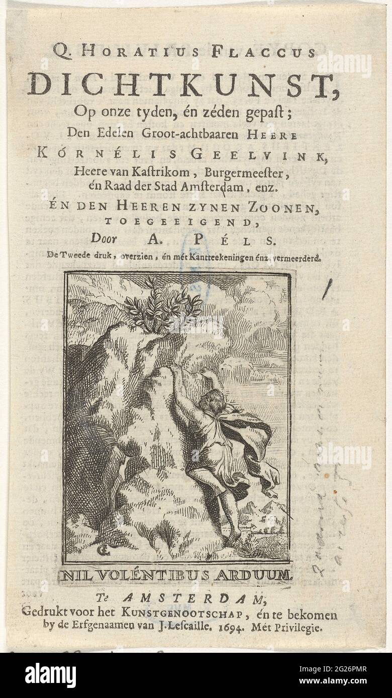Young man climbs a rock; Nil Volennibus Arduum; Title page for: A. Pels, Q. Horatius Flaccus, poetry, at our times and morals appropriate, 1694. A young man climbs a rock to get the growing bay branch. Stock Photo