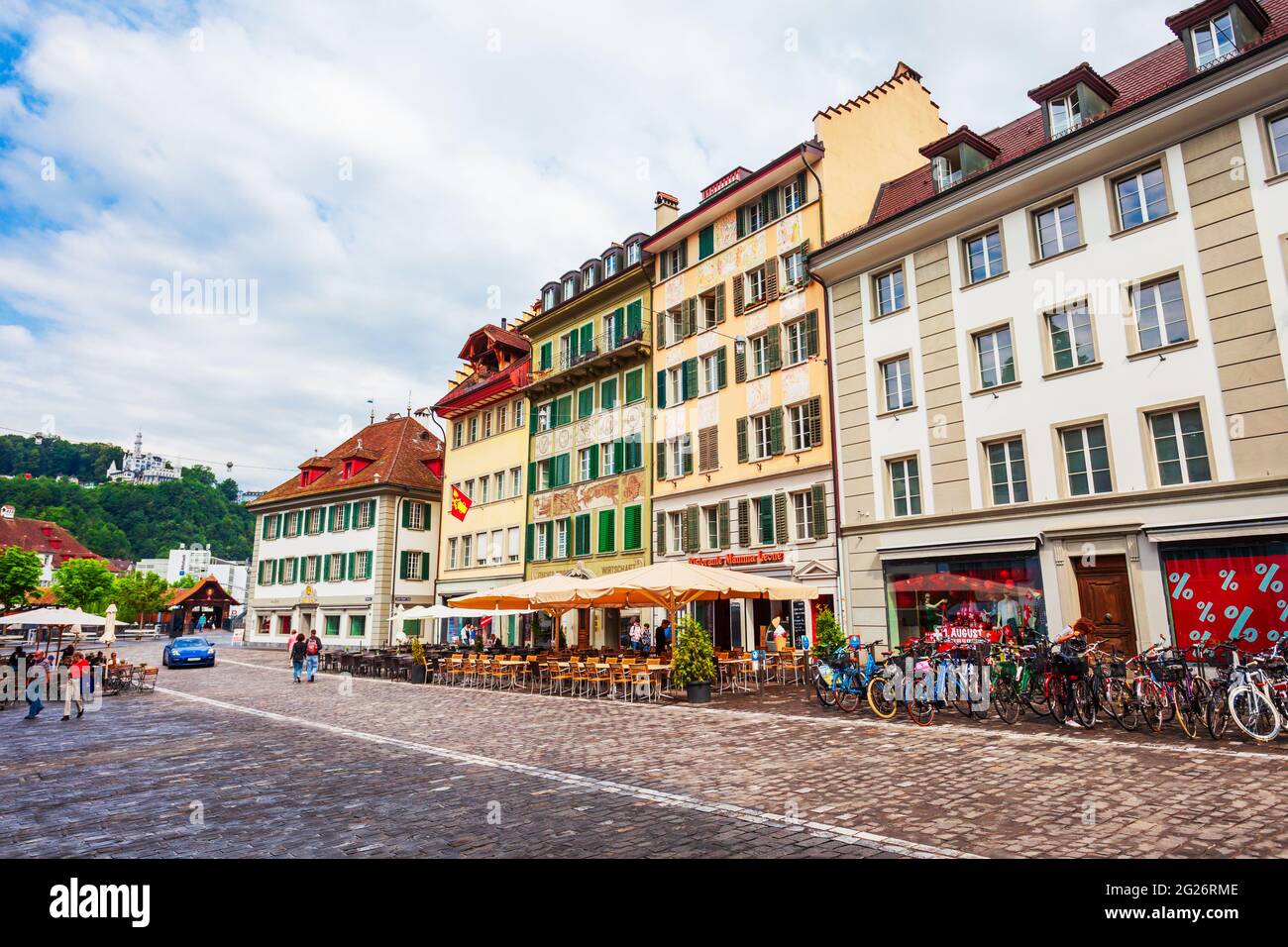 LUZERN, SWITZERLAND - JULY 12, 2019: Street with colorful local style houses in Lucerne. Lucerne or Luzern is a city in central Switzerland. Stock Photo