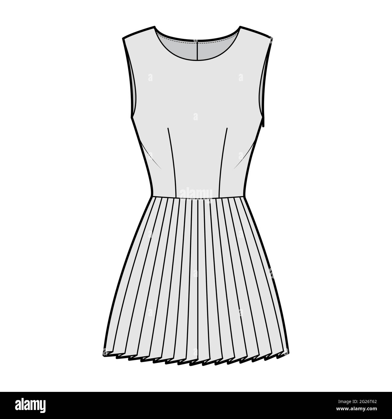 Dress pleated technical fashion illustration with sleeveless, fitted ...