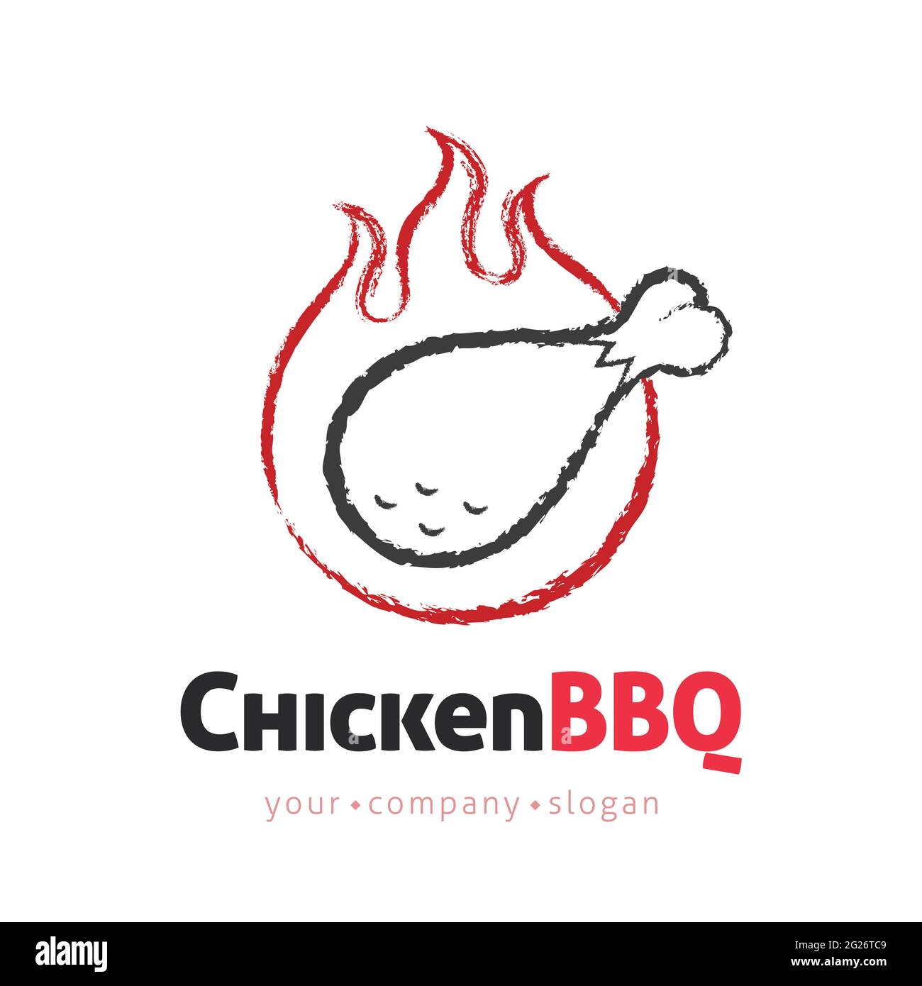 Fried Chicken leg vector logo design template with flames. Charcola drawing in Barbecue concept. Line art style sign, symbol. Stock Vector