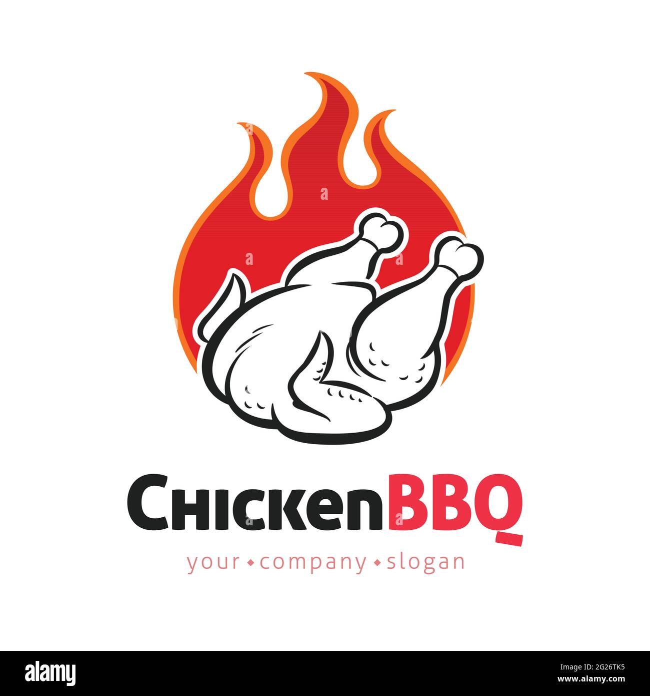 Grilled Chicken vector logo design template with flames. Barbecue concept in cartoon line art style sign, symbol. Stock Vector