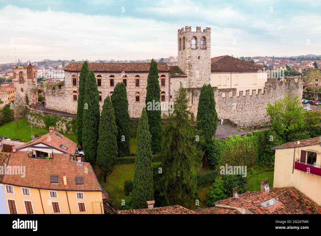 Desenzano Castle aerial panoramic view in Desenzano town on the shore of Lake Garda in Italy Stock Photo