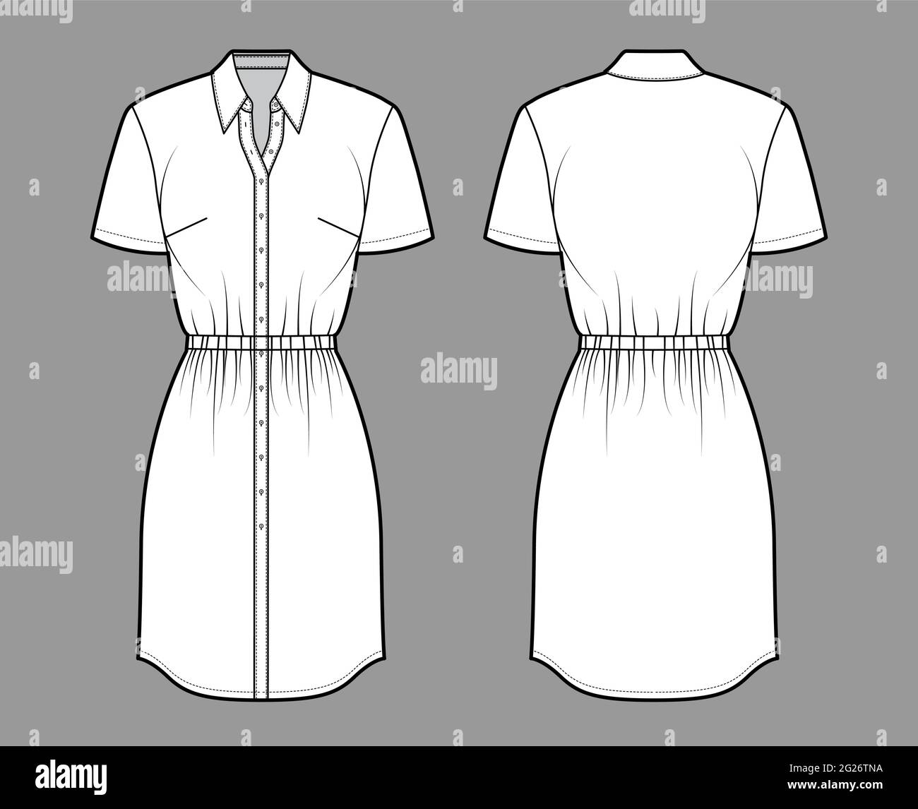 Dress shirt technical fashion illustration with gathered waist, short sleeves,, knee length pencil skirt, classic collar, button closure. Flat apparel front, back, white color. Women, men CAD mockup Stock Vector