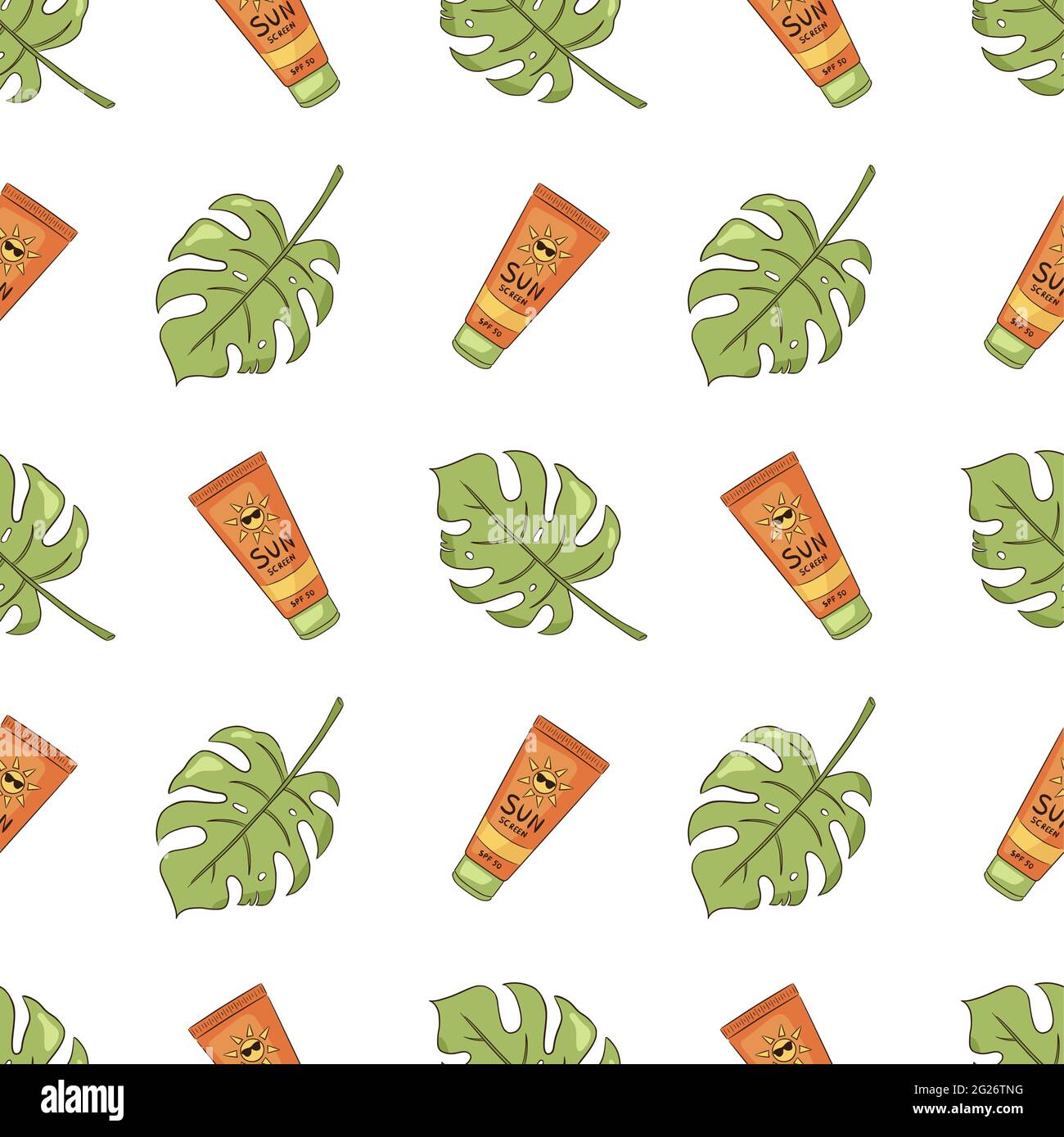 Sun protection factor and tropic foliage background. SPF cream and exotic leaves template for skincare cosmectics, wallpaper, web, wrapping paper, texture, prints Stock Vector