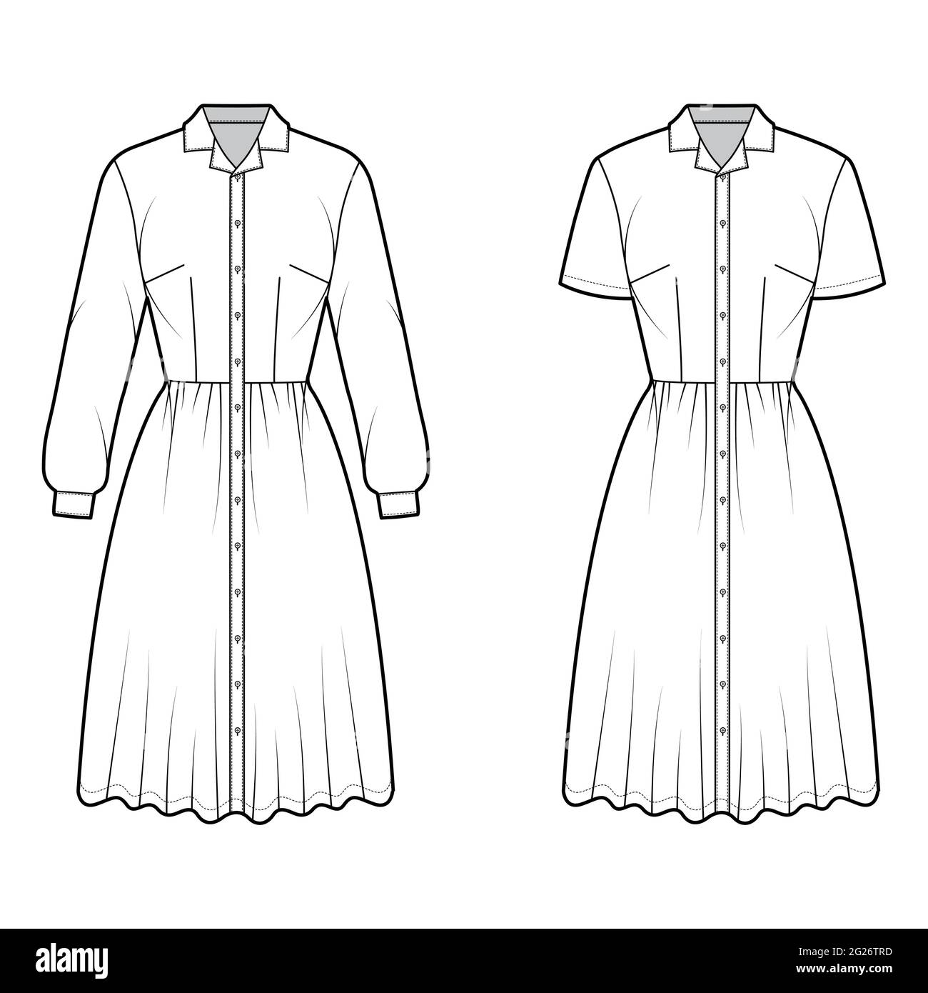 Set of Dresses shirt technical fashion illustration with short long sleeves, camp collar, knee length full skirt, button closure. Flat apparel front, white color style. Women, men unisex CAD Stock Vector
