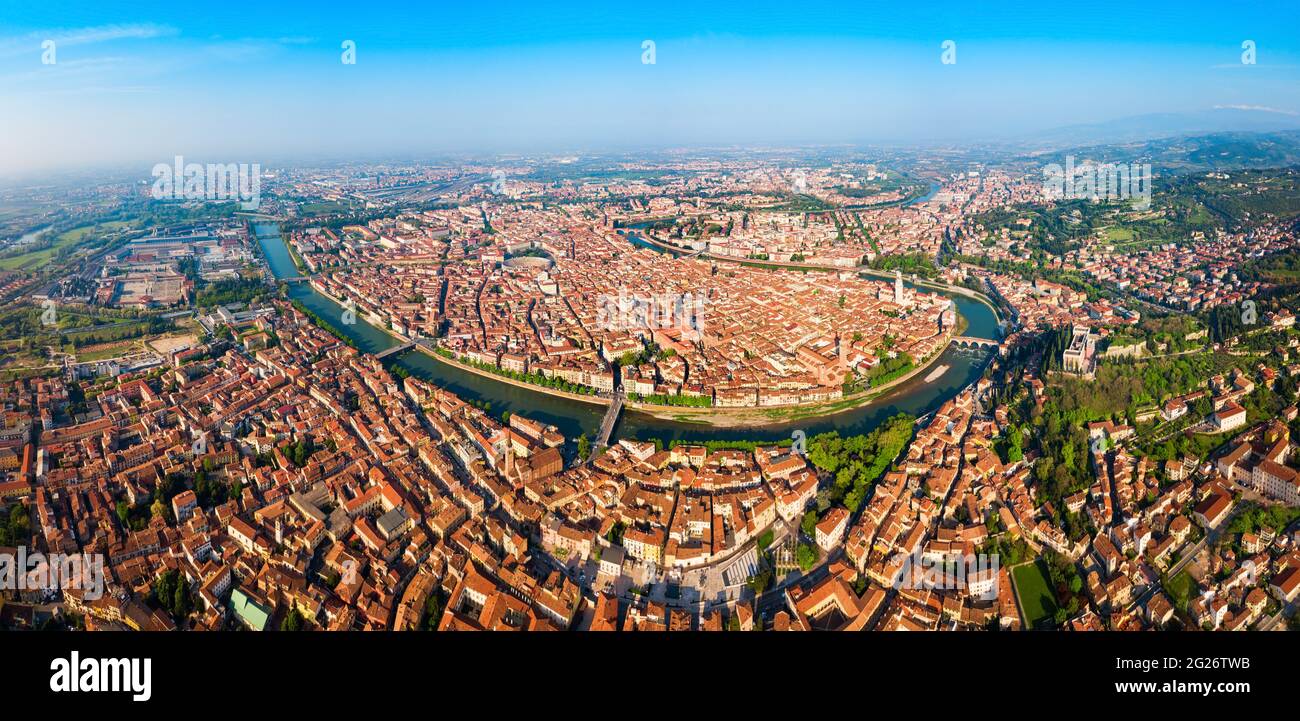 Verona city and Adige river aerial panoramic view in Veneto region in ...