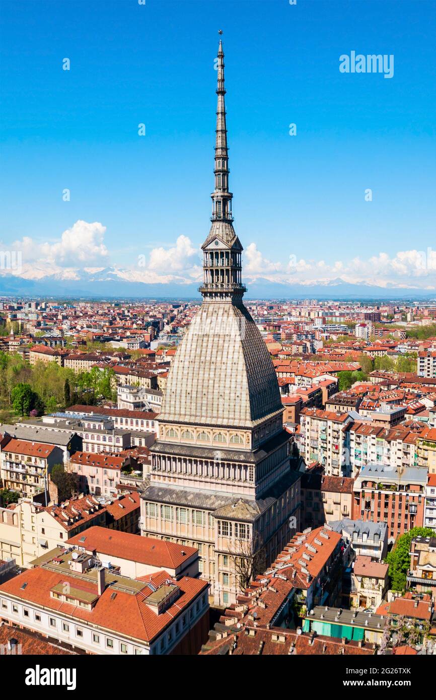 The Mole Antonelliana aerial panoramic view, a major landmark building in Turin city, Piedmont region of Italy Stock Photo