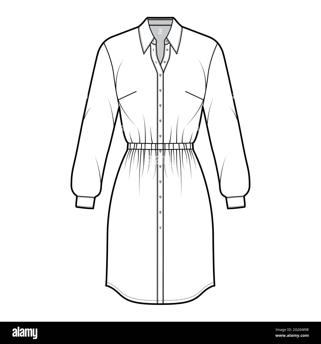 Dress shirt technical fashion illustration with gathered waist, long sleeves, fitted, pencil skirt, classic collar, button closure. Flat apparel front, white color style. Women, men unisex CAD mockup Stock Vector