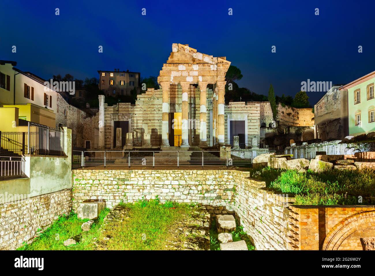The Capitolium in the Roman forum is located in the centre of Brescia city in north Italy Stock Photo