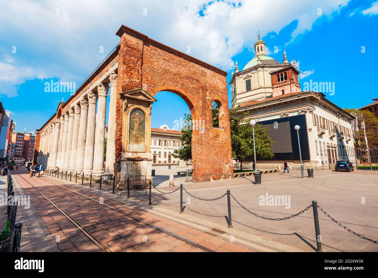 The Colonne or Columns di San Lorenzo is an ancient Roman ruins located in front of the San  Lorenzo Basilica in Milan, Italy Stock Photo
