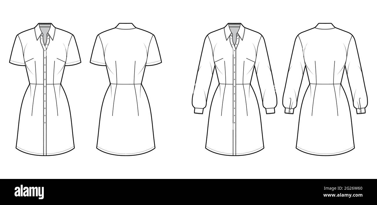 Set of Dresses shirt technical fashion illustration with long short sleeves, fitted body, knee length pencil skirt, classic collar. Flat apparel front, back, white color. Women, men unisex CAD mockup Stock Vector