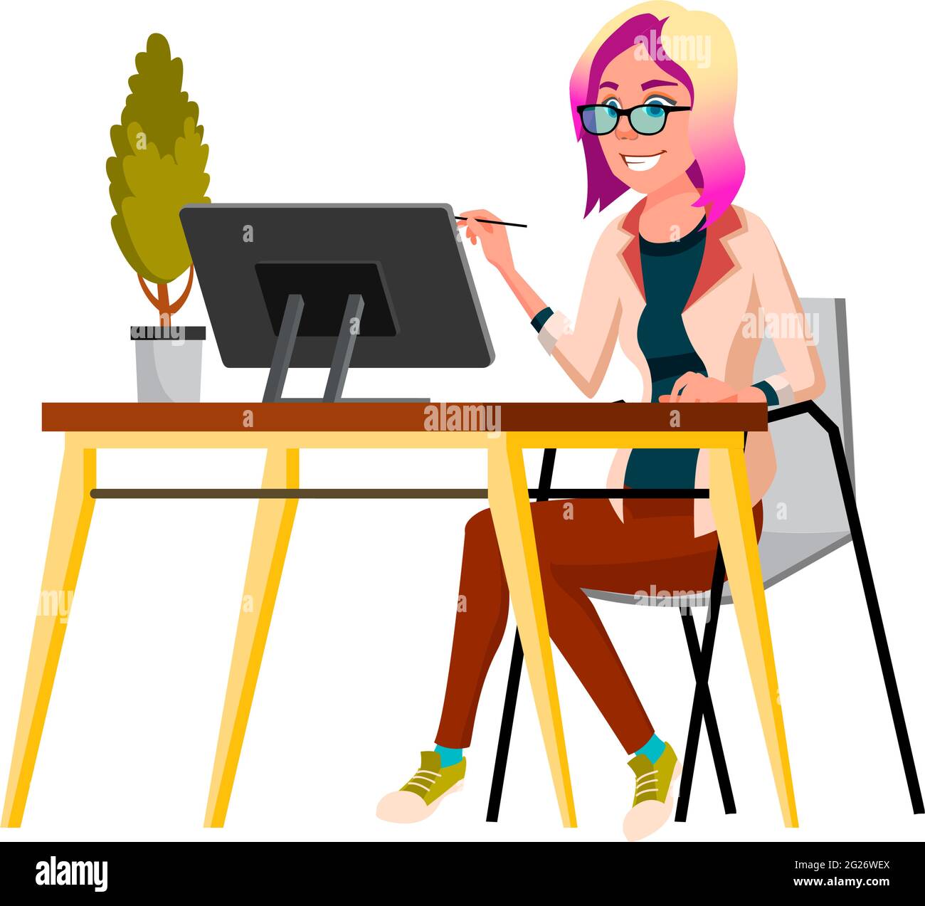 creative young woman drawing digital image on computer cartoon vector ...