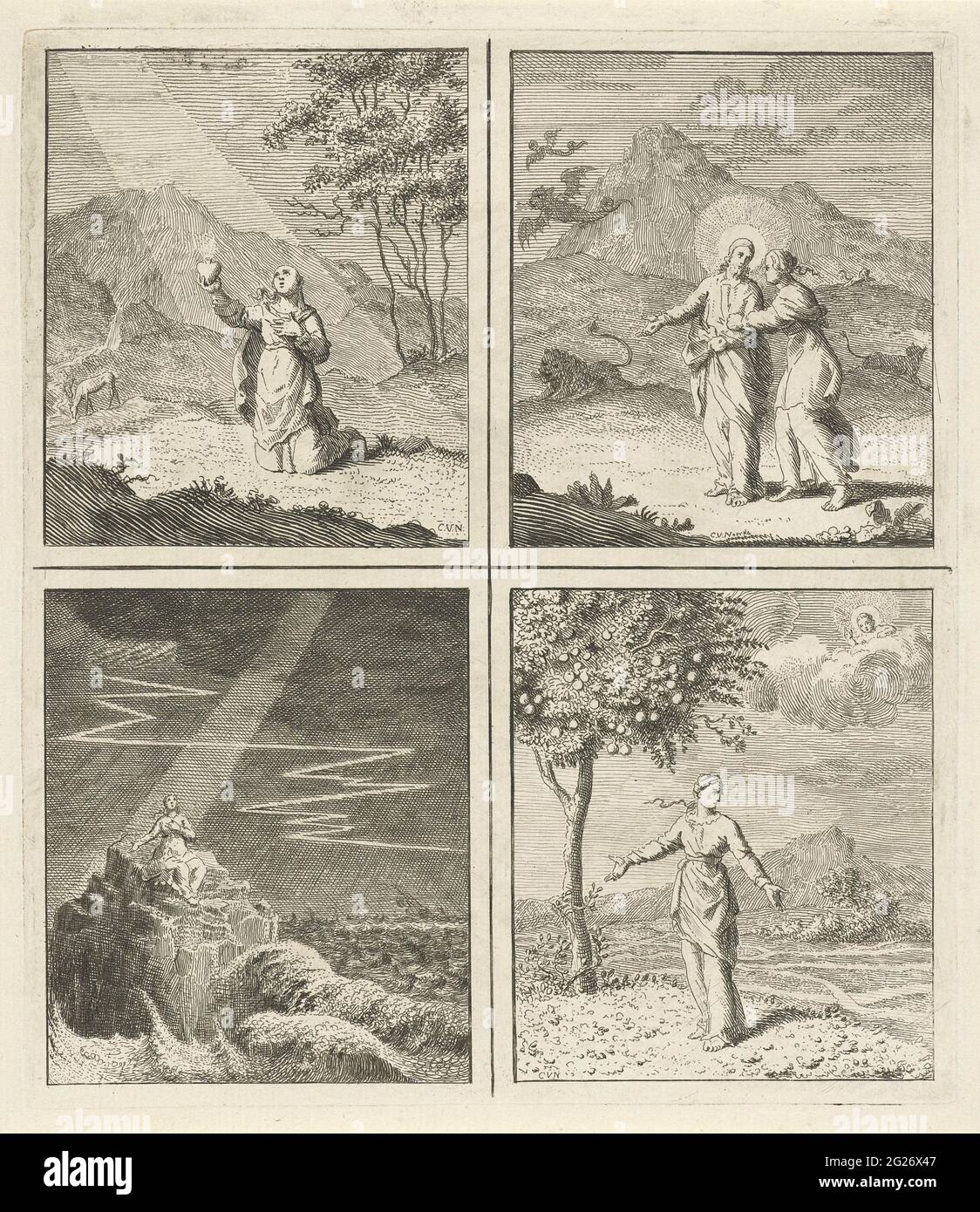 Woman offering her heart / Christ protects against evil / Christ as a  support and tray / road. Four performances. Top left: a woman offers her  heart to Christ by lifting it