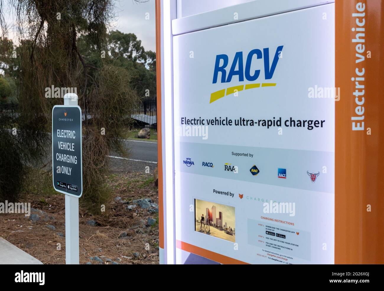 Charging stations for electric vehicles near Euroa, Victoria, Australia Stock Photo