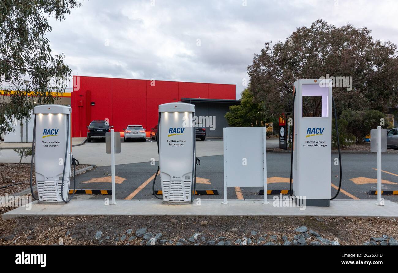 Charging stations for electric vehicles near Euroa, Victoria, Australia Stock Photo