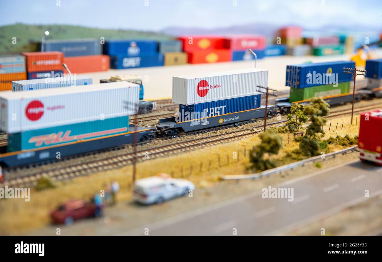 Double stacked freight containers on a model railway Stock Photo