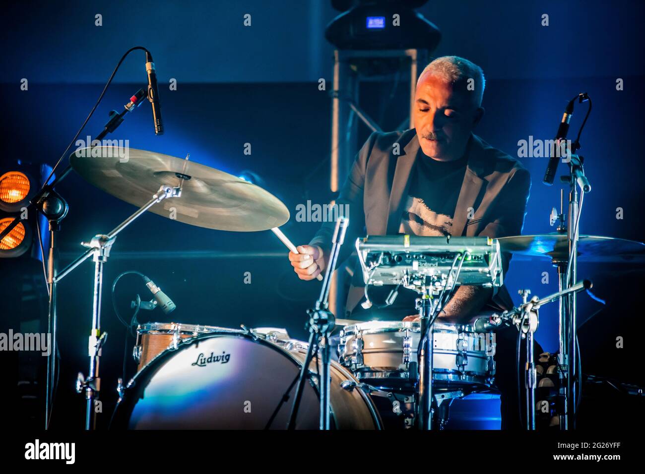 Bologna, Italy. 08th June, 2021. 18 months after the release of Momentum,  the acclaimed latest album by CALIBER 35, the band formed by Massimo  Martellotta, Enrico Gabrielli, Luca Cavina, Fabio Rondanini and, image size:1300x956