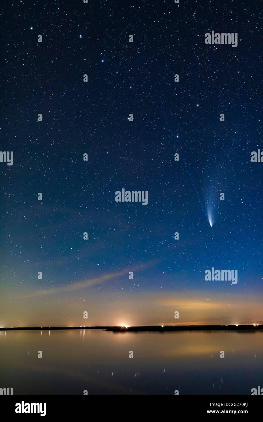 Comet NEOWISE and Big Dipper over Crawling Lake in southern Alberta, Canada. Stock Photo