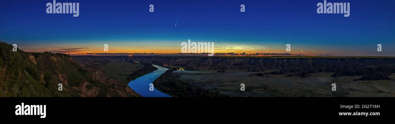 Comet NEOWISE over the Red Deer River in Alberta, Canada. Stock Photo