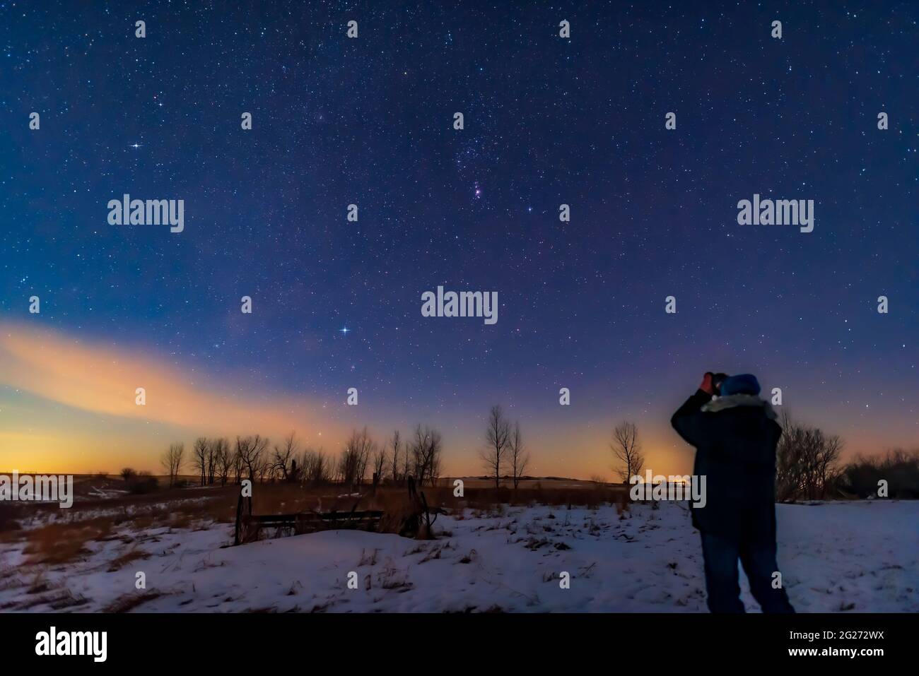 Astronomer using binoculars to view the Orion Nebula. Stock Photo