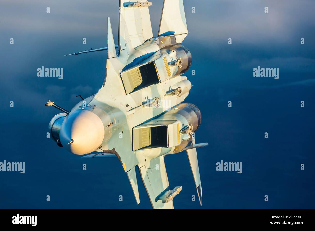 Su-30SM jet fighter of the Russian Navy changing position after refueling. Stock Photo