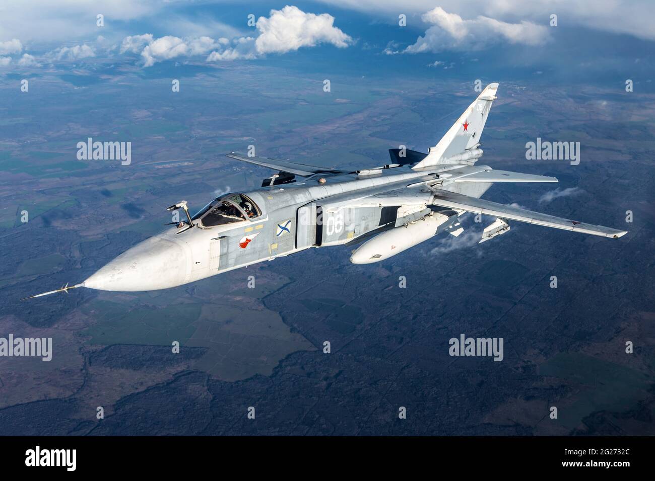 Su-24M frontline bomber plane of the Russian Navy flying over Kaliningrad Region, Russia. Stock Photo