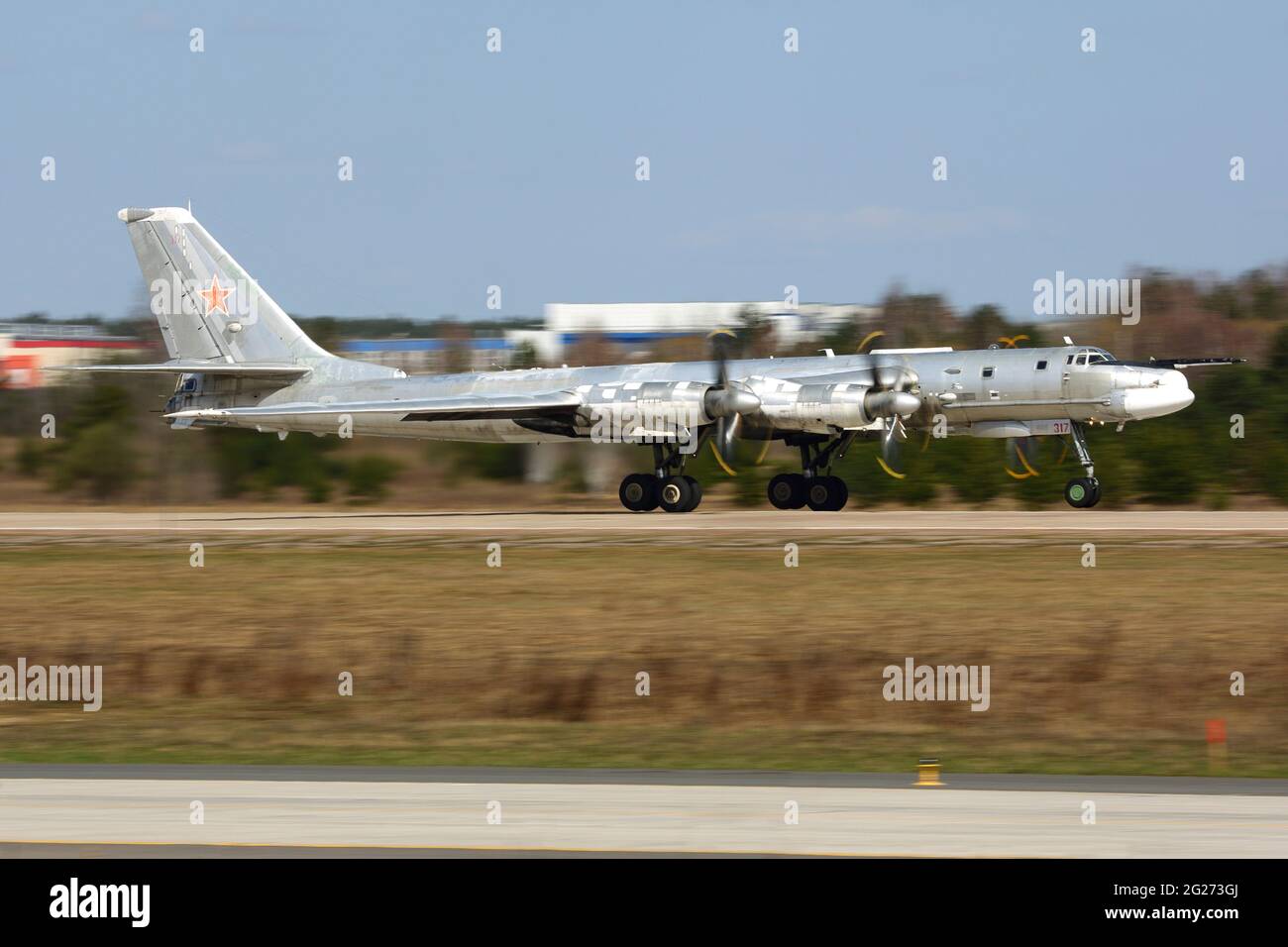 Tu-95MS strategic bomber of the Russian Air Force taking off, Zhukovsky, Russia. Stock Photo