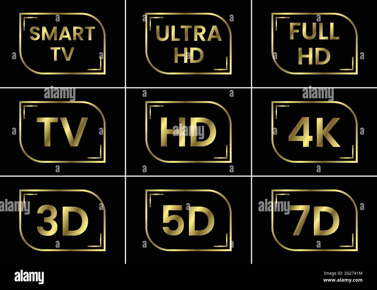 Golden TV icon set. TV labels TV HD 3D 5D 7D Smart TV Full HD 4K Ultra HD Stock Vector