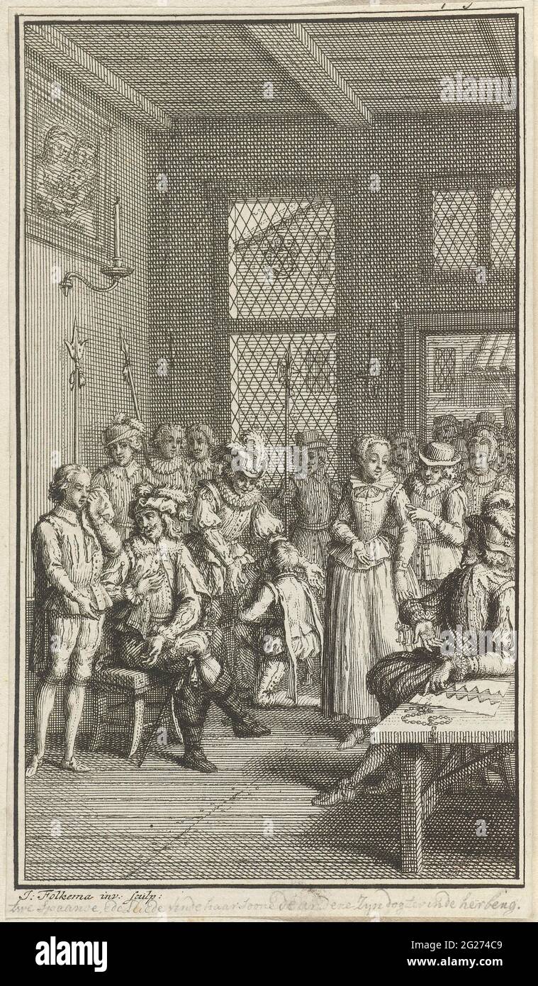 Nobles in a deliberation. A group of nobles deliberates in a departure, in the foreground, a nobleman is on the right that indicates a rosary and two serrated pieces of paper that lie next to him on the table. Stock Photo