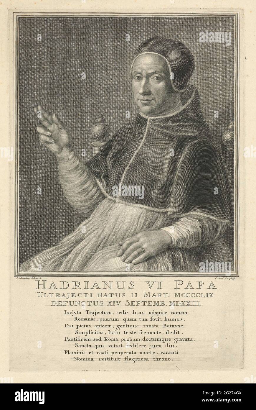 Portrait of Pope Adrianus VI; Hadrian vi dad. Knee piece from Pope Adrianus VI to the left, sitting in a chair. He makes a blessing gesture with his right hand. Under the portrait His name and data in three rules in Latin and below it a eighty text in Latin. Stock Photo